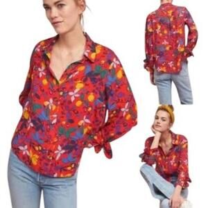 Maeve Anthropologie Shirt Size 18W Blithe Button Down Red Fruit Floral Challis